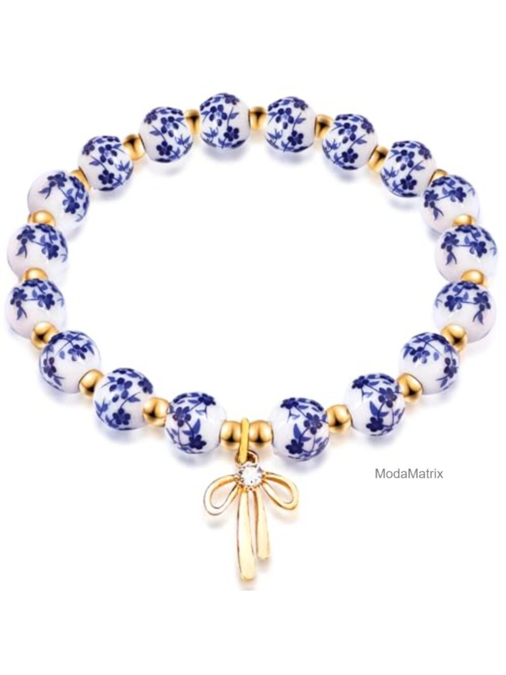 Handmade Ceramic Bead Stretch Bracelet Gold Plated Bow Charm Dainty
